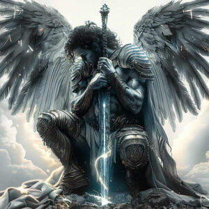Blue-gray angel with silver armor, sword, and cape perched on a rock amid clouds; tattoo design concept, visible elements: angel, sword, armor, cape, rock, wing, cloud; black and grey palette; project idea.