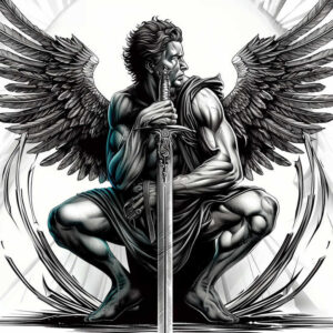 Man with wings, sword, cloak, and halo in black and grey; project concept; cover-up-ready.