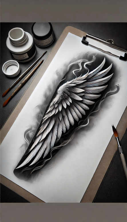 artistic-detail-wings-tattoo – tattoo design ideas free ai generated – neotraditional-vivid-detail – for-outer-arm – Gallery: wings-inkby-ai