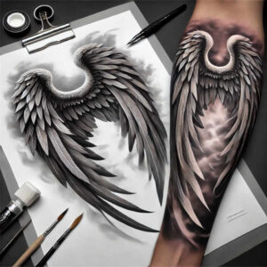 artistic-wings-tattoo – tattoo design ideas free ai generated – surrealism-fantastical – for-calf – Gallery: wings-inkby-ai