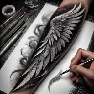 geometric-wings-tattoo – tattoo design ideas free ai generated – surrealism-floating-elements – for-elbow – Gallery: wings-inkby-ai