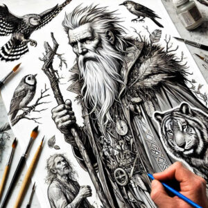 Black and grey tattoo design of a wizard with a staff, owl, bear, tiger, and robed man among branches; cover-up-ready, with pattern elements.