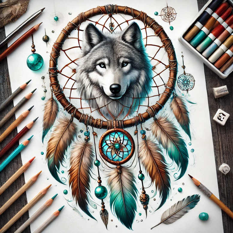 Wolf inside a brown dreamcatcher with woven web, turquoise beads, and teal-brown feathers; ring, strings and charms visible in color; black and grey shading on the wolf; project idea; not ideal for a cover-up.