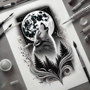 abstract-wolf-tattoo – tattoo design ideas free ai generated – realism-balanced-light – for-abdomen – Gallery: wolves-inkby-ai