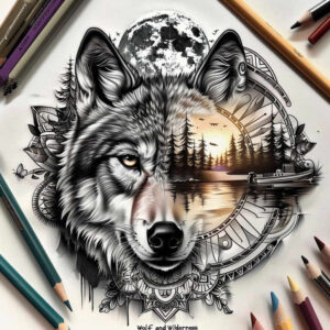 colorful-wolf-tattoo – tattoo design ideas free ai generated – surrealism-abstract-forms – for-calf – Gallery: wolves-inkby-ai