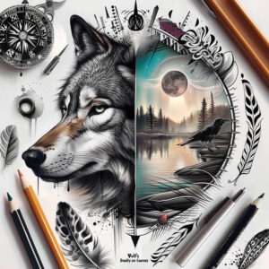colorful-wolf-tattoo – tattoo design ideas free ai generated – surrealism-distorted-reality – for-shoulder-blade – Gallery: wolves-inkby-ai