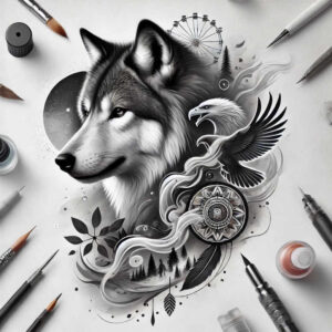 expression-wolf-tattoo – tattoo design ideas free ai generated – realism-photo-accuracy – for-shoulder – Gallery: wolves-inkby-ai
