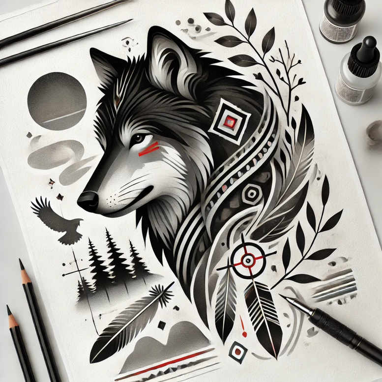 flowing-line-wolf-tattoo – tattoo design ideas free ai generated – neotraditional-contoured-forms – for-lower-chest – Gallery: wolves-inkby-ai