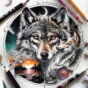 geometric-wolf-tattoo – tattoo design ideas free ai generated – neotraditional-vivid-gradients – for-elbow – Gallery: wolves-inkby-ai