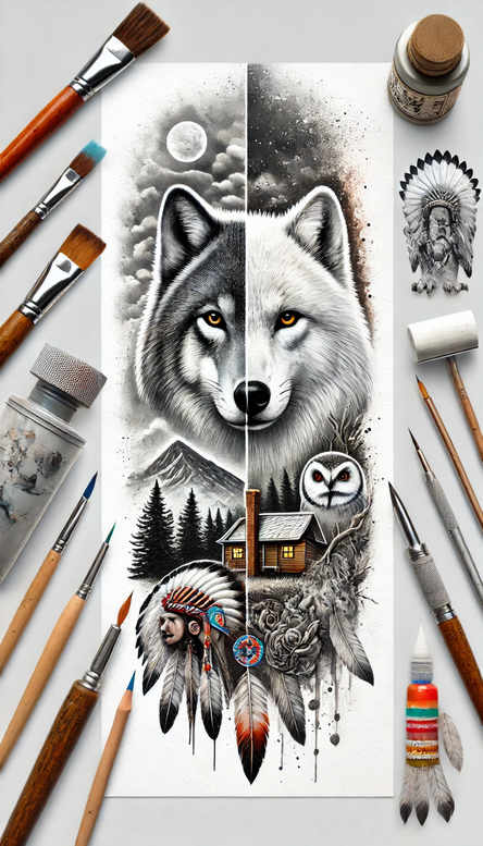 geometric-wolf-tattoo – tattoo design ideas free ai generated – realism-lifelike-eyes – for-outer-arm – Gallery: wolves-inkby-ai