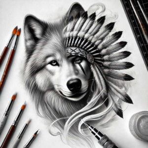 organic-line-wolf-tattoo – tattoo design ideas free ai generated – neotraditional-accent-shading – for-scapula – Gallery: wolves-inkby-ai