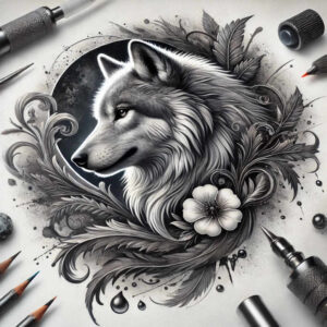 organic-line-wolf-tattoo – tattoo design ideas free ai generated – realism-natural-luminosity – for-temple – Gallery: wolves-inkby-ai