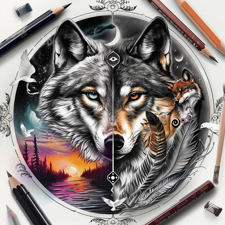 plant-ornament-wolf-tattoo – tattoo design ideas free ai generated – surrealism-unreal – for-thigh – Gallery: wolves-inkby-ai
