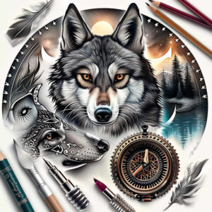 spiritual-wolf-tattoo-for-men – tattoo design ideas free ai generated – realism-minimal-grain – for-back – Gallery: wolves-inkby-ai