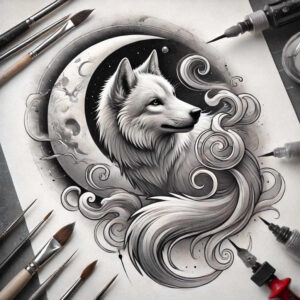 symbolic-wolf-tattoo – tattoo design ideas free ai generated – realism-refined-contrast – for-back – Gallery: wolves-inkby-ai
