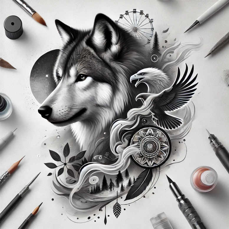 wolves tattoo design ideas Surrealism shadow play moonlit watcher for elbow