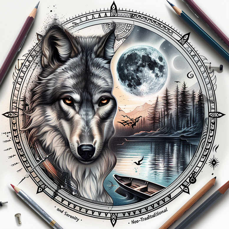 wolves tattoo design ideas Realism dynamic shadows mountain shadow for triceps