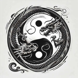 Black and grey yin-yang circle with two dragons, scales, and swirling accents; AI-generated tattoo project; suitable for a cover-up.