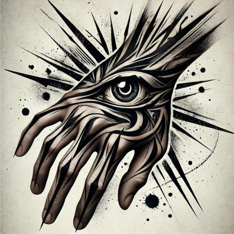 Hand and eye tattoo in black-and-grey with bold, abstract patterns; splatter backdrop; cover-up-ready tattoo design