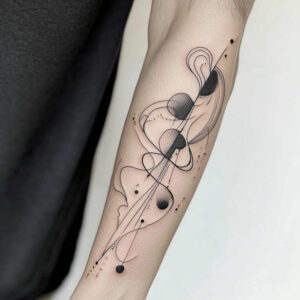 Abstract fine line tattoo on forearm with circles, lines, and dot clusters in black ink; tattoo project idea.