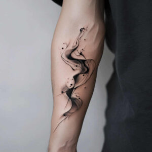 Forearm tattoo with black and grey line, swirl, dot, and splash; AI-generated tattoo project; not necessarily for cover-up.
