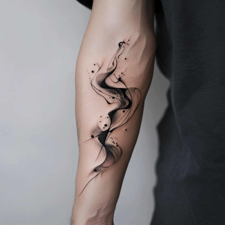 Forearm tattoo with black and grey line, swirl, dot, and splash; AI-generated tattoo project; not necessarily for cover-up.