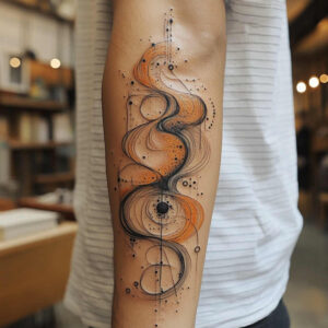 Abstract forearm tattoo in orange and black with flowing spirals, circles, and dotted splatters; watercolor-style fine line design; AI-generated tattoo project; suitable for a cover-up.