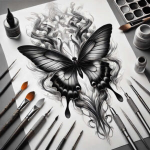 Butterfly in black and grey tones with smoky swirls on white paper, surrounded by ink bottles and tattoo tools; AI-generated tattoo project; perfect for a cover-up.