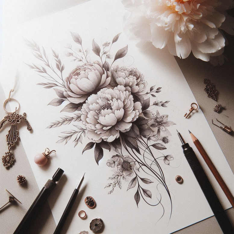 Peony bouquet in black and grey on white paper; pencil and pen, pendant, ring, bead, and pin visible; tattoo idea; cover-up: no.