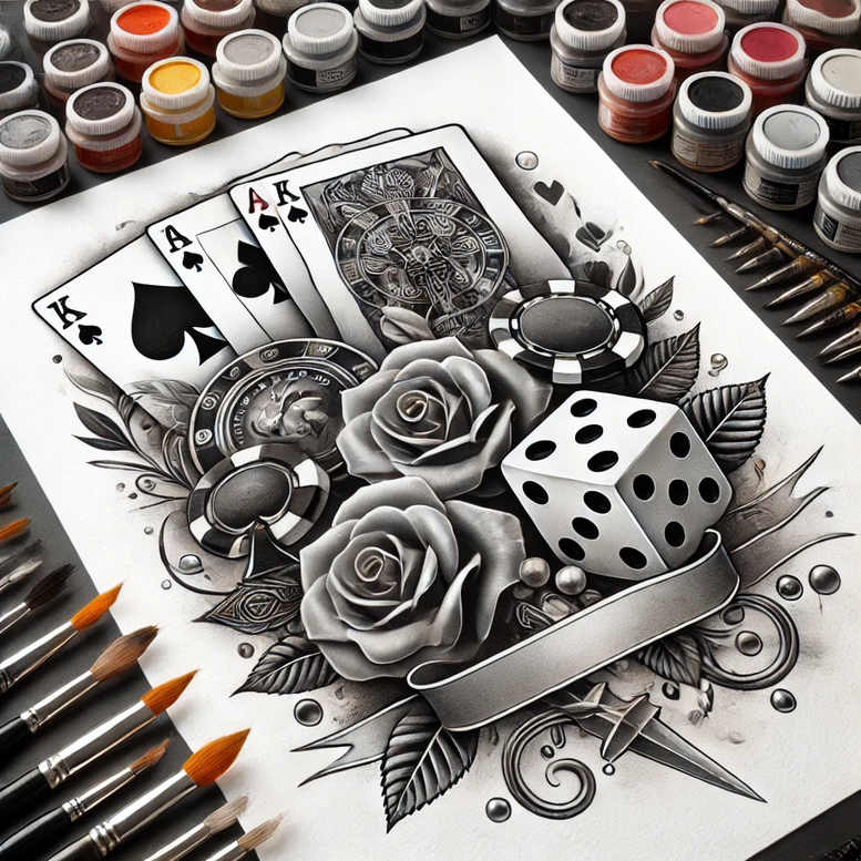 Grey-scale tattoo composition featuring roses, playing cards, dice, poker chip, and ribbon; AI-generated tattoo project; suitable for a cover-up.