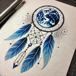 Blue dreamcatcher circle with galaxy motif, black linework, and multiple blue feathers on white paper; tattoo project concept; not intended as a cover-up.