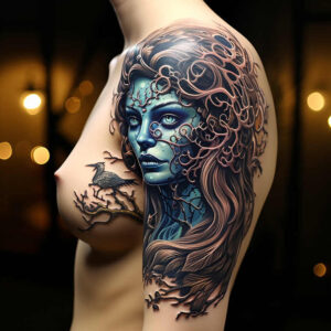 Blue-skinned female portrait with brown hair, entwined branches, and a perched bird in color; tattoo project; not a cover-up.