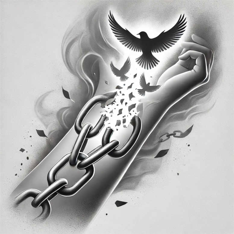 Arm with black and grey chain pattern breaking into dove silhouettes; AI-generated tattoo project; suitable for a cover-up.