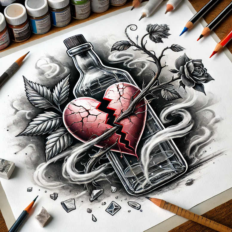 Cracked red heart inside a glass bottle with smoky grey swirls, roses and leaves; black and grey tattoo idea, cover-up friendly.
