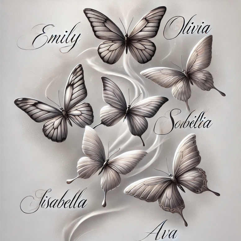 Black and grey butterflies with flowing script names Emily, Olivia, Isabella, Sobellia, Ava; AI-generated tattoo project concept; not ideal for a cover-up.