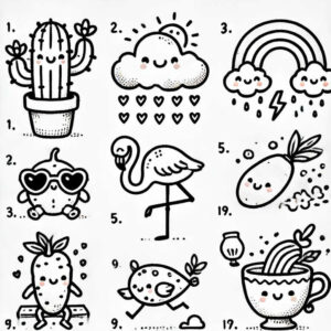 Black and white line art featuring a cactus in a pot, clouds, rainbow, flamingo, fruits, and a cup—an playful tattoo concept in black and grey.