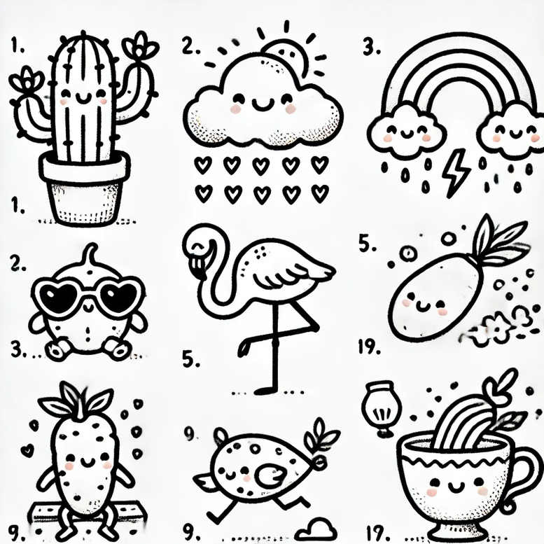 Black ink minimalist line tattoo design depicting a potted cactus, a cloud, a rainbow, a flamingo, a row of hearts, and a pineapple in black-and-white.
