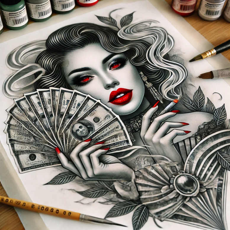 Portrait of a woman with red lips and nails, holding a fan of money, surrounded by leaves; black and grey shading; tattoo project idea; cover-up suitable.