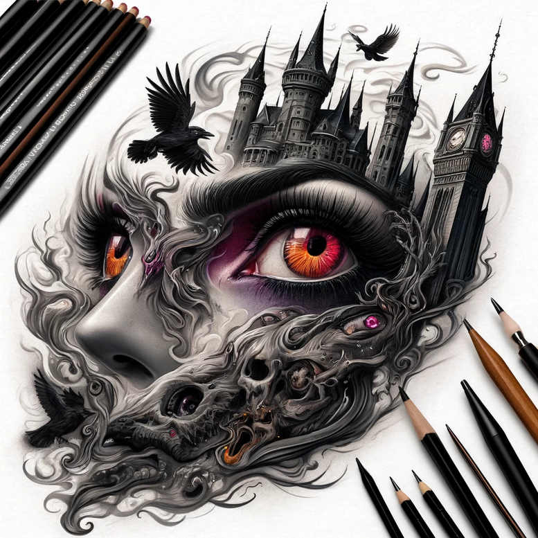 Eye with orange iris, castle atop the temple, raven silhouettes, and smoke swirls over a grayscale face; tattoo design concept, suitable for a cover-up.