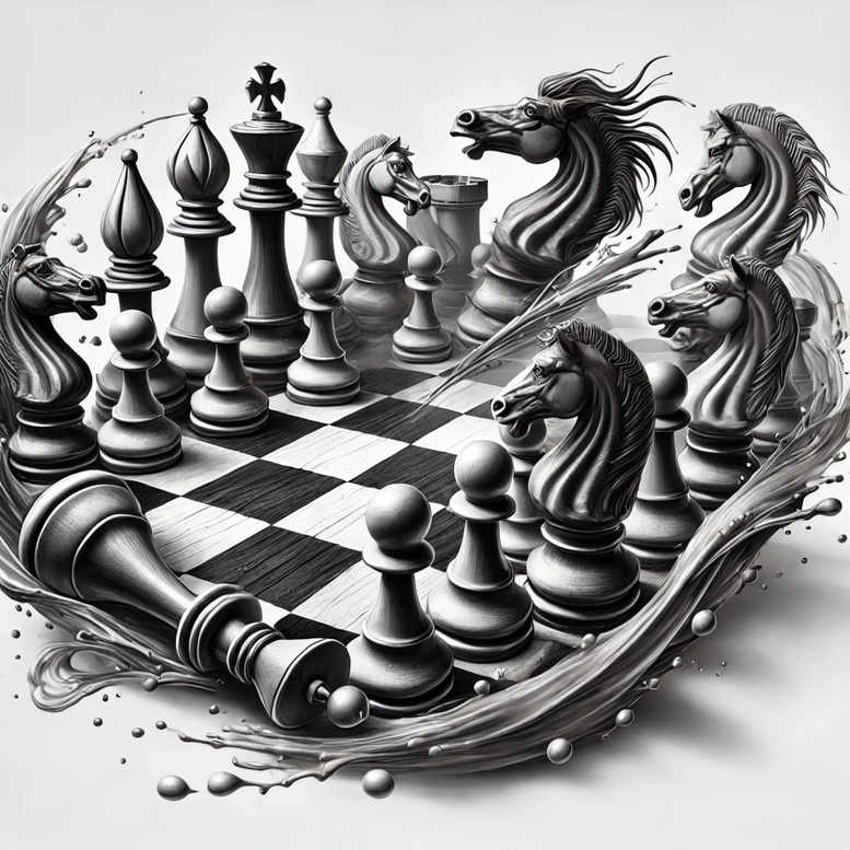 Chessboard with knight, pawn, rook, king, and queen on a black-and-grey board; AI-generated tattoo project; suitable for cover-up.