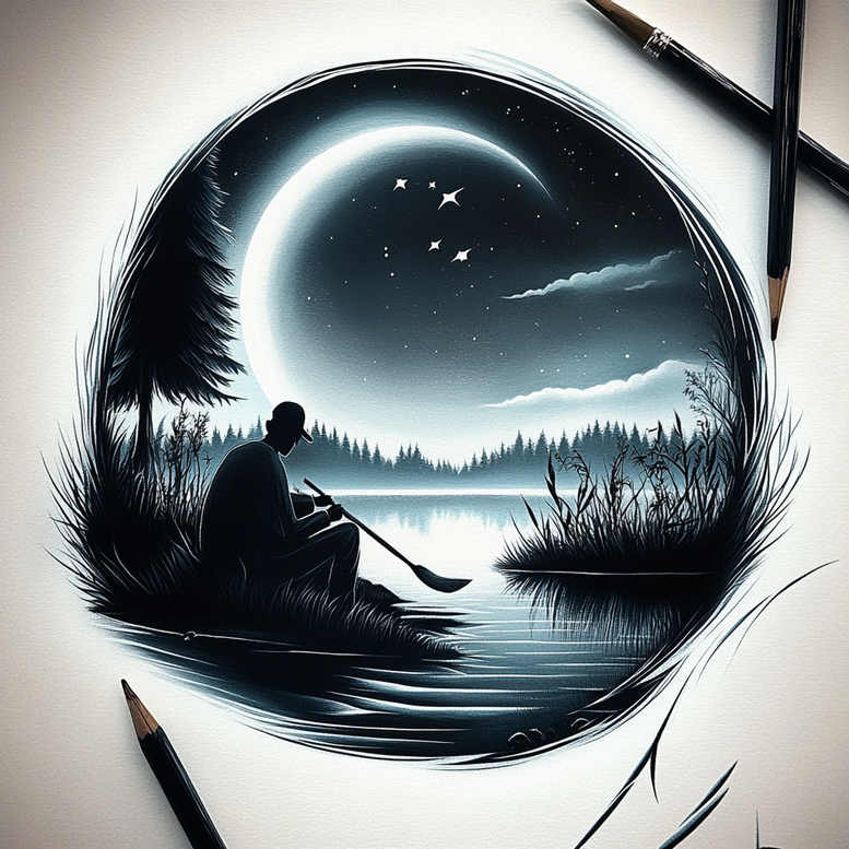 Silhouette of man in canoe paddling with paddle on a black and grey lake, framed by trees, moon and stars inside a circular brush frame; project, cover-up suitable.