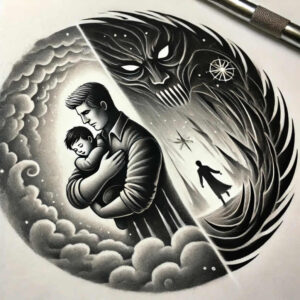 Black and grey circular tattoo design with a man, child, clouds, mask-face, silhouette, and stars; tattoo project; suitable for cover-up.