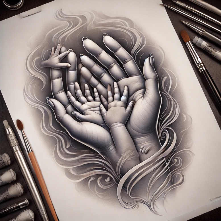 Black and grey tattoo featuring hand and baby hand with swirling lines; AI-generated tattoo project; cover-up ready.