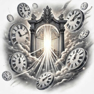 Black and grey tattoo concept of an ornate open gateway rising from clouds, surrounded by floating clocks with Roman numerals; AI-generated tattoo project; suitable for a cover-up.