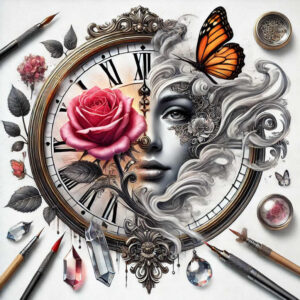Clock face in gold and black, pink rose, orange butterfly; ornate lace pattern on the right cheek; project idea; suitable for a cover-up.