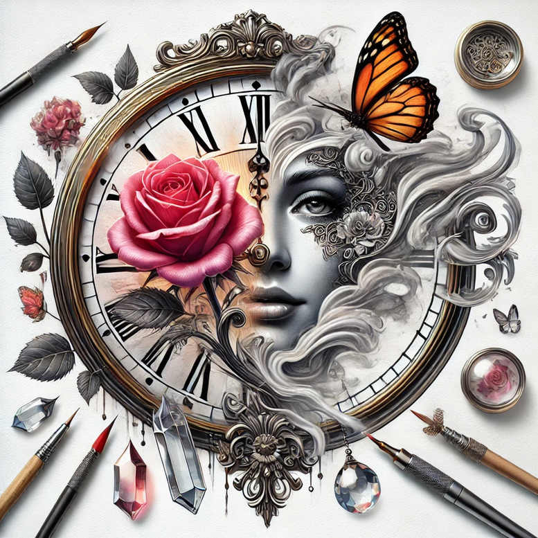 Clock face in gold and black, pink rose, orange butterfly; ornate lace pattern on the right cheek; project idea; suitable for a cover-up.