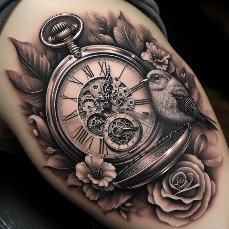 Black-and-grey watch with gears, bird, roses and leaves; AI-generated tattoo project; suitable for cover-up.