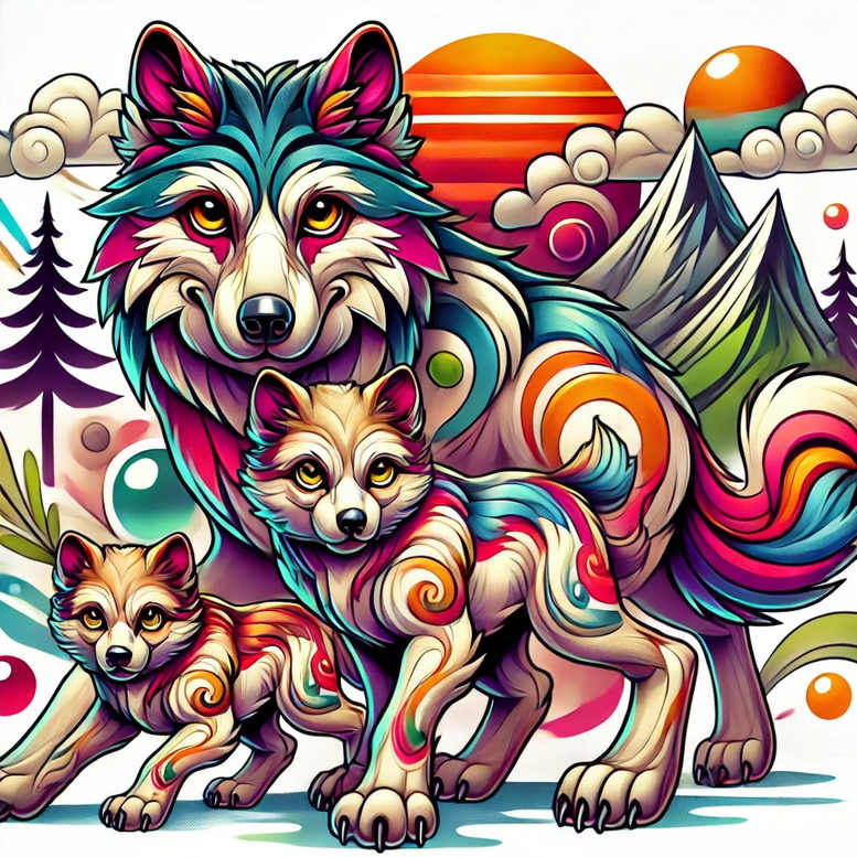 Colorful adult wolf with two pups in a rainbow palette, mountains, sun, and clouds; multicolor tattoo concept; AI-generated project; not specifically designed for cover-up.