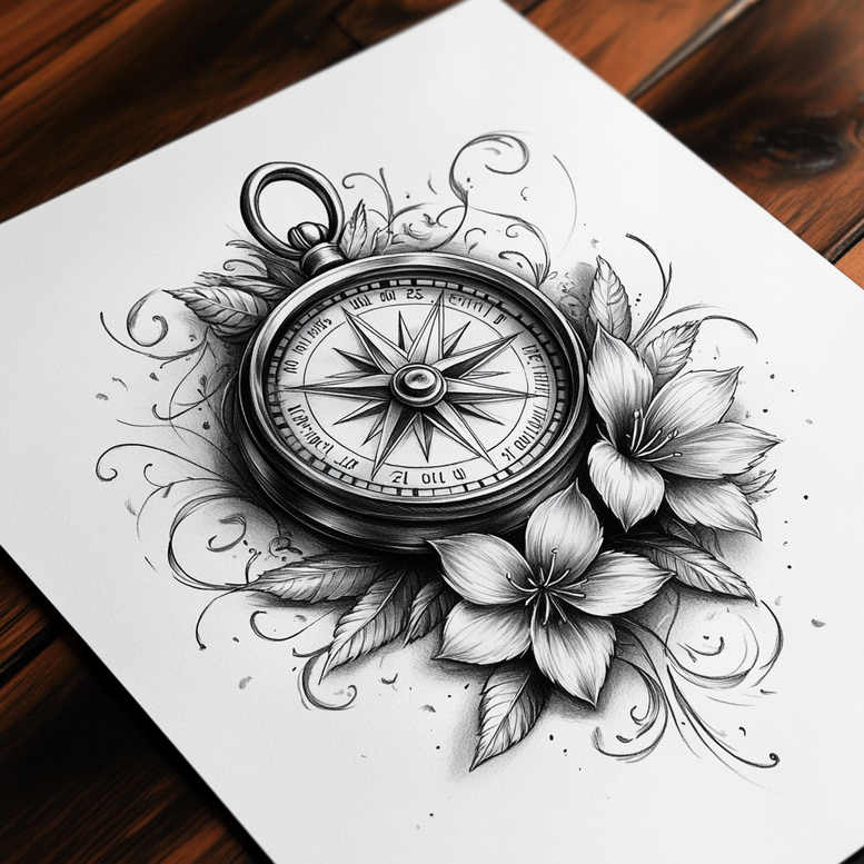 Compass pendant with blooming flowers and leaves in black and grey; tattoo project concept; suitable for cover-up.