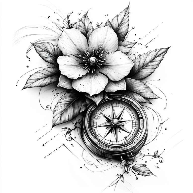 Compass, flower, leaves; black and grey; project; not suitable for cover-up.